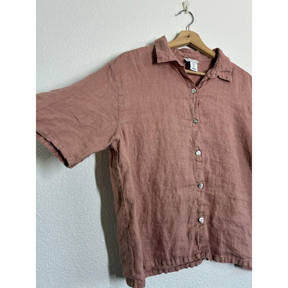 Nicole Miller Shirt Womens Large Pink 100% Linen Short Sleeve Button Up - Picture 7 of 11